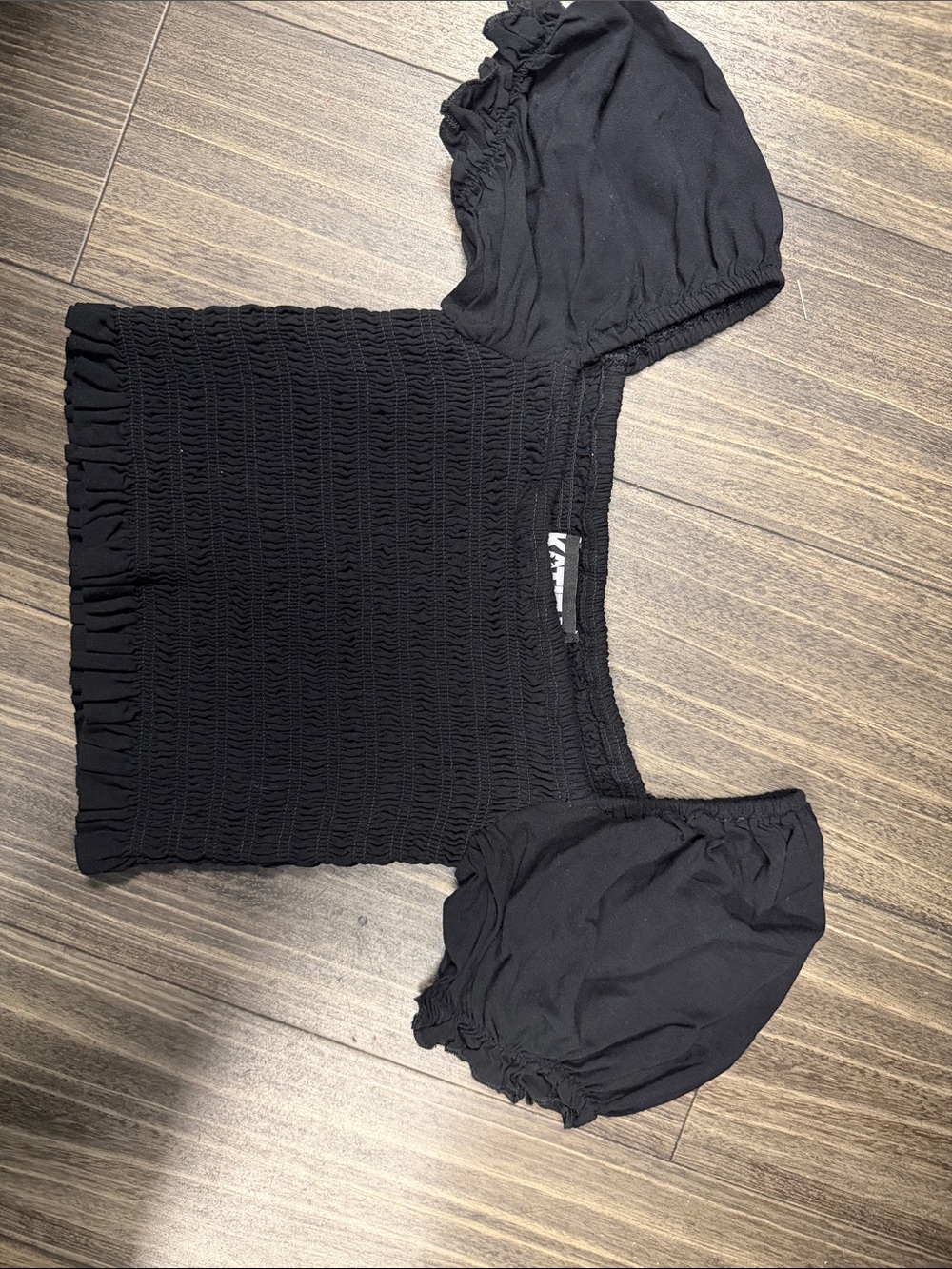 Katie J NYC Black Smocked Puff Sleeve Crop Top